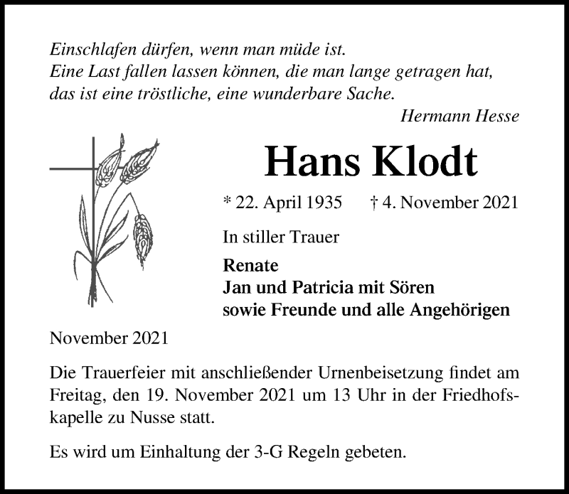  Traueranzeige für Hans Klodt vom 14.11.2021 aus Lübecker Nachrichten