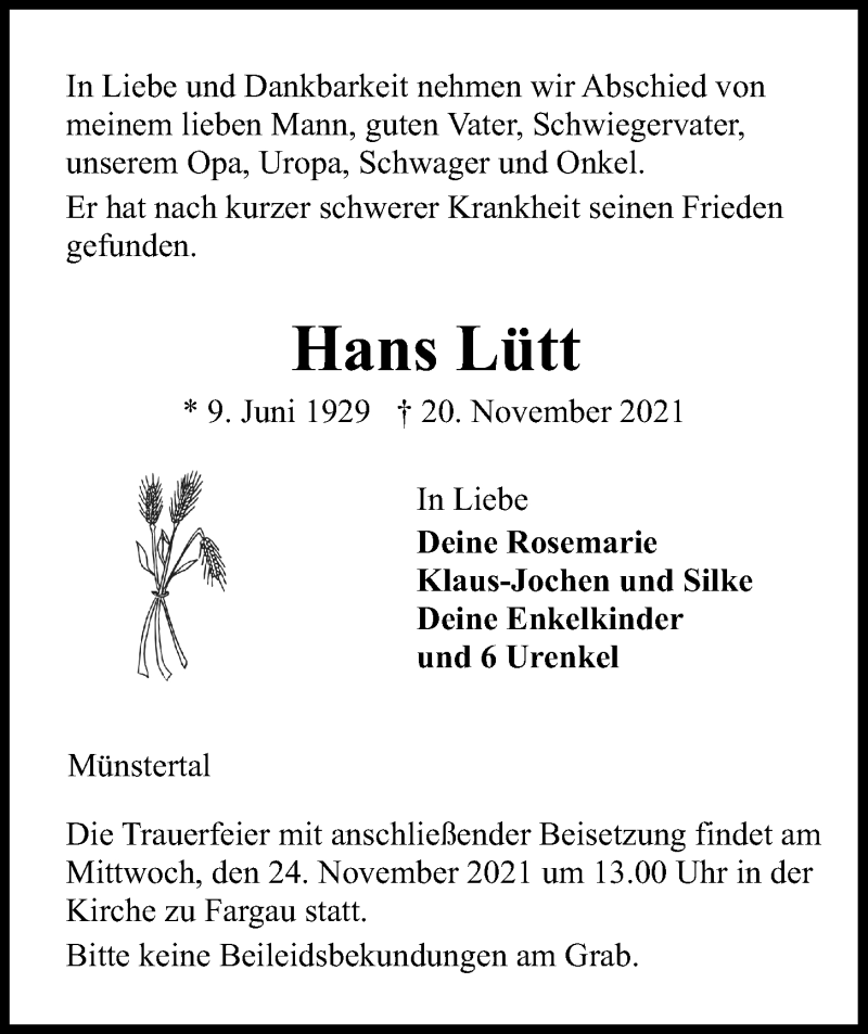  Traueranzeige für Hans Lütt vom 23.11.2021 aus Kieler Nachrichten