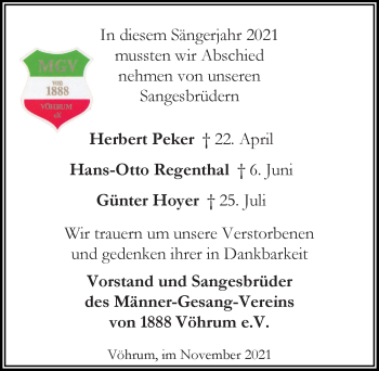 Traueranzeige von Hans-Otto Regenthal von Peiner Allgemeine Zeitung