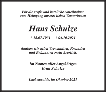 Traueranzeige von Hans Schulze von Märkischen Allgemeine Zeitung