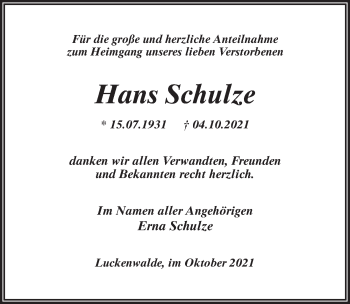 Traueranzeige von Hans Schulze