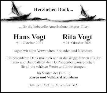 Traueranzeige von Hans Vogt von Lübecker Nachrichten