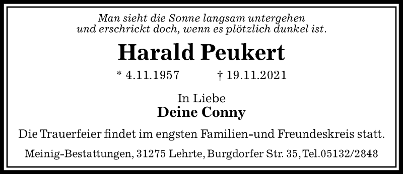  Traueranzeige für Harald Peukert vom 27.11.2021 aus Hannoversche Allgemeine Zeitung/Neue Presse