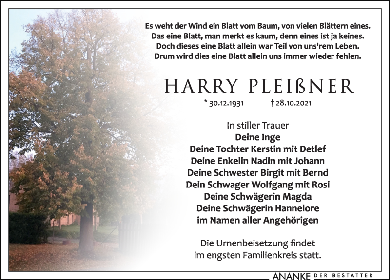  Traueranzeige für Harry Pleißner vom 06.11.2021 aus Leipziger Volkszeitung