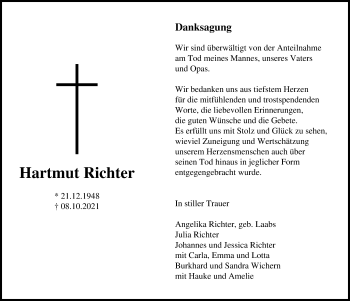 Traueranzeige von Hartmut Richter von Lübecker Nachrichten