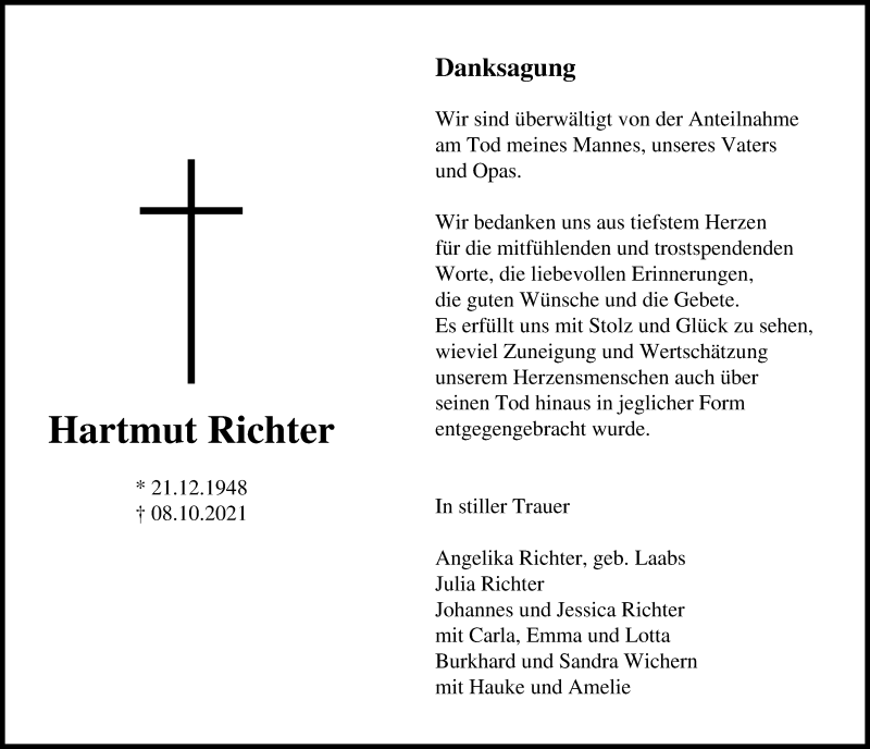  Traueranzeige für Hartmut Richter vom 14.11.2021 aus Lübecker Nachrichten