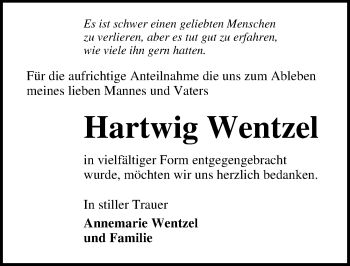 Traueranzeige von Hartwig Wentzel von Ostsee-Zeitung GmbH