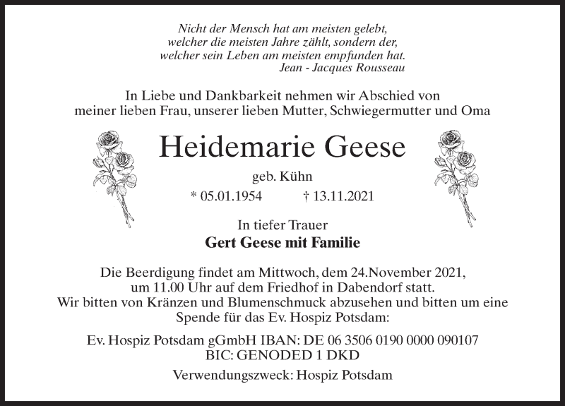  Traueranzeige für Heidemarie Geese vom 18.11.2021 aus Märkischen Allgemeine Zeitung