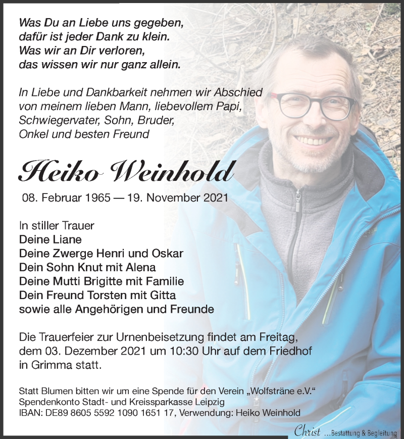  Traueranzeige für Heiko Weinhold vom 27.11.2021 aus Leipziger Volkszeitung