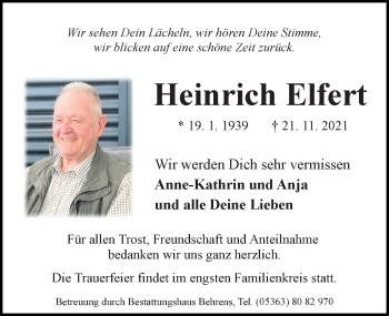 Traueranzeige von Heinrich Elfert von Aller Zeitung