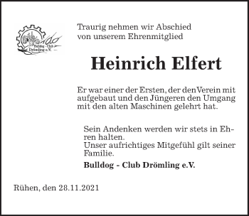 Traueranzeige von Heinrich Elfert von Aller Zeitung