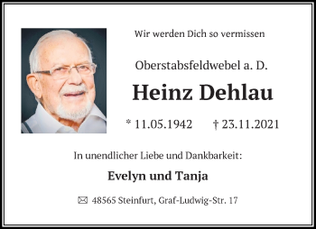 Traueranzeige von Heinz Dehlau von Hannoversche Allgemeine Zeitung/Neue Presse