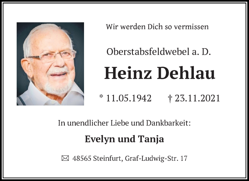 Traueranzeige für Heinz Dehlau vom 25.11.2021 aus Hannoversche Allgemeine Zeitung/Neue Presse