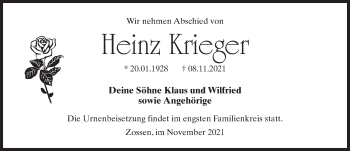 Traueranzeige von Heinz Krieger von Märkischen Allgemeine Zeitung