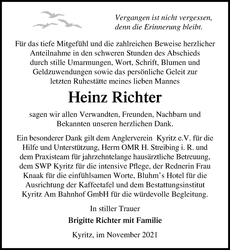  Traueranzeige für Heinz Richter vom 13.11.2021 aus Märkischen Allgemeine Zeitung