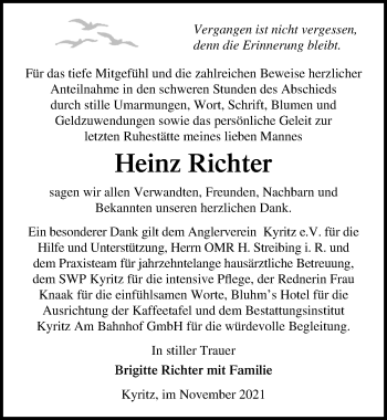 Traueranzeige von Heinz Richter von Märkischen Allgemeine Zeitung