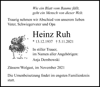 Traueranzeige von Heinz Ruh von Ostsee-Zeitung GmbH