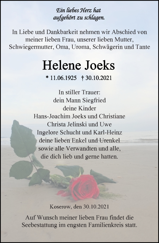  Traueranzeige für Helene Joeks vom 06.11.2021 aus Ostsee-Zeitung GmbH
