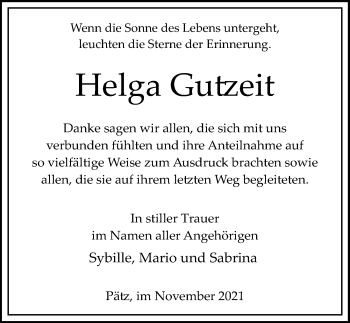 Traueranzeige von Helga Gutzeit von Märkischen Allgemeine Zeitung