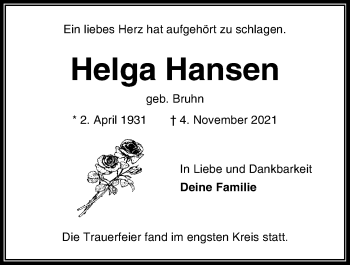 Traueranzeige von Helga Hansen von Kieler Nachrichten