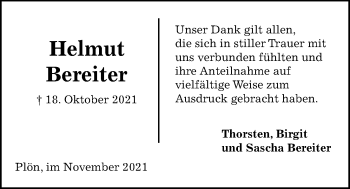 Traueranzeige von Helmut Bereiter von Kieler Nachrichten