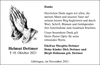 Traueranzeige von Helmut Dettmer von Göttinger Tageblatt