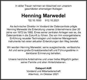 Traueranzeige von Henning Marwedel von Kieler Nachrichten