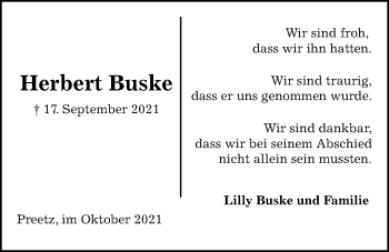 Traueranzeige von Herbert Buske von Kieler Nachrichten