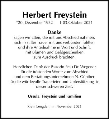 Traueranzeige von Herbert Freystein von Göttinger Tageblatt