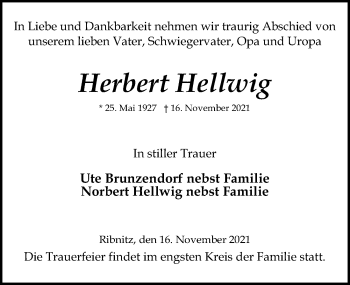 Traueranzeige von Herbert Hellwig von Ostsee-Zeitung GmbH