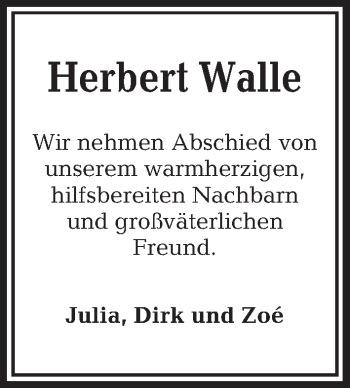 Traueranzeige von Herbert Walle von Kieler Nachrichten