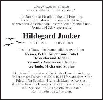 Traueranzeige von Hildegard Junker von Märkischen Allgemeine Zeitung