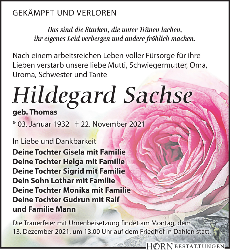  Traueranzeige für Hildegard Sachse vom 27.11.2021 aus Leipziger Volkszeitung