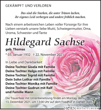 Traueranzeige von Hildegard Sachse von Leipziger Volkszeitung