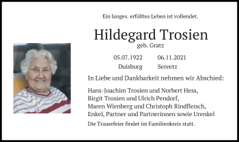 Traueranzeige von Hildegard Trosien von Lübecker Nachrichten