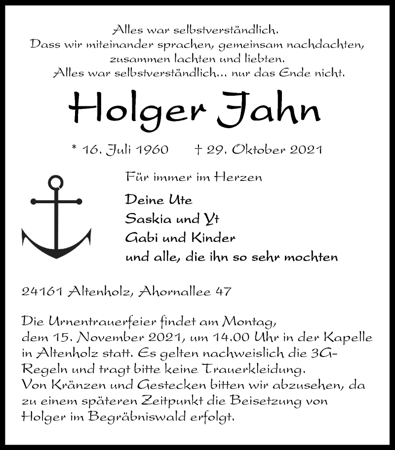  Traueranzeige für Holger Jahn vom 06.11.2021 aus Kieler Nachrichten