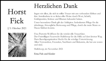 Traueranzeige von Horst Fick von Lübecker Nachrichten