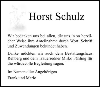 Traueranzeige von Horst Schulz von Ostsee-Zeitung GmbH