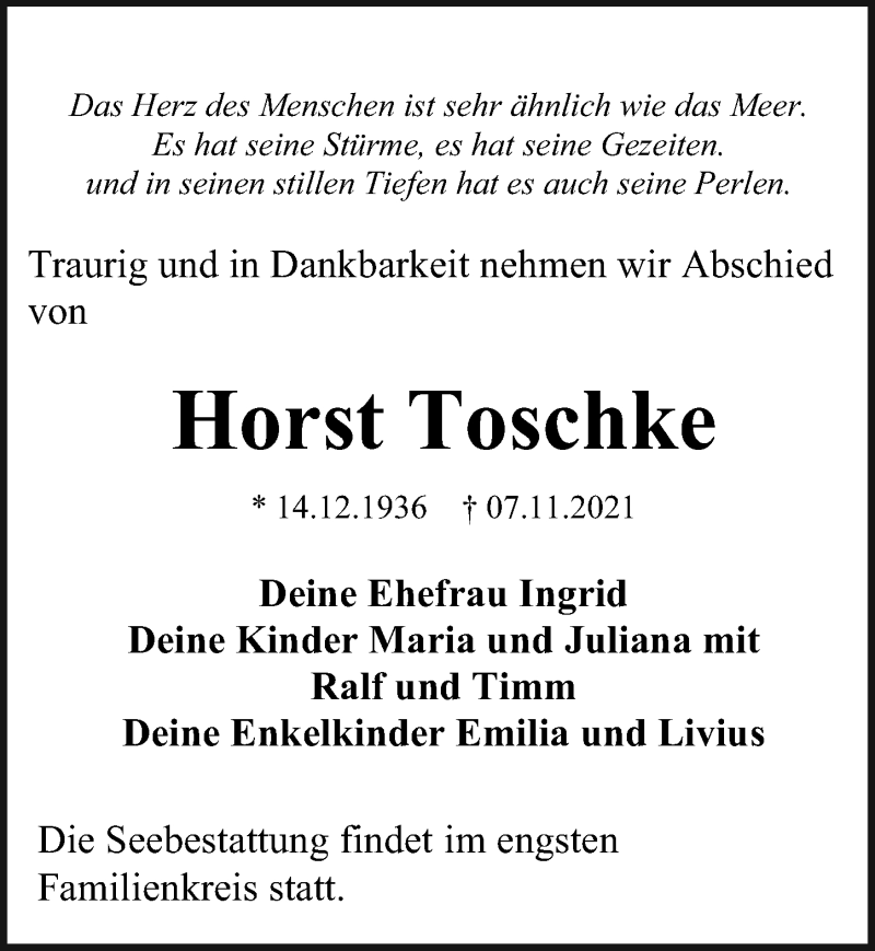 Traueranzeigen von Horst Toschke | trauer-anzeigen.de