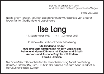 Traueranzeige von Ilse Lang von Kieler Nachrichten