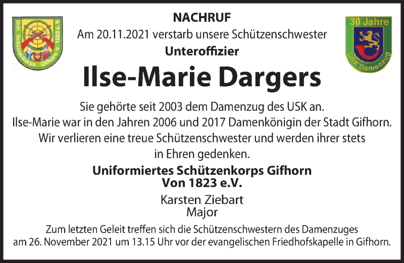  Traueranzeige für Ilse-Marie Dargers vom 26.11.2021 aus Aller Zeitung