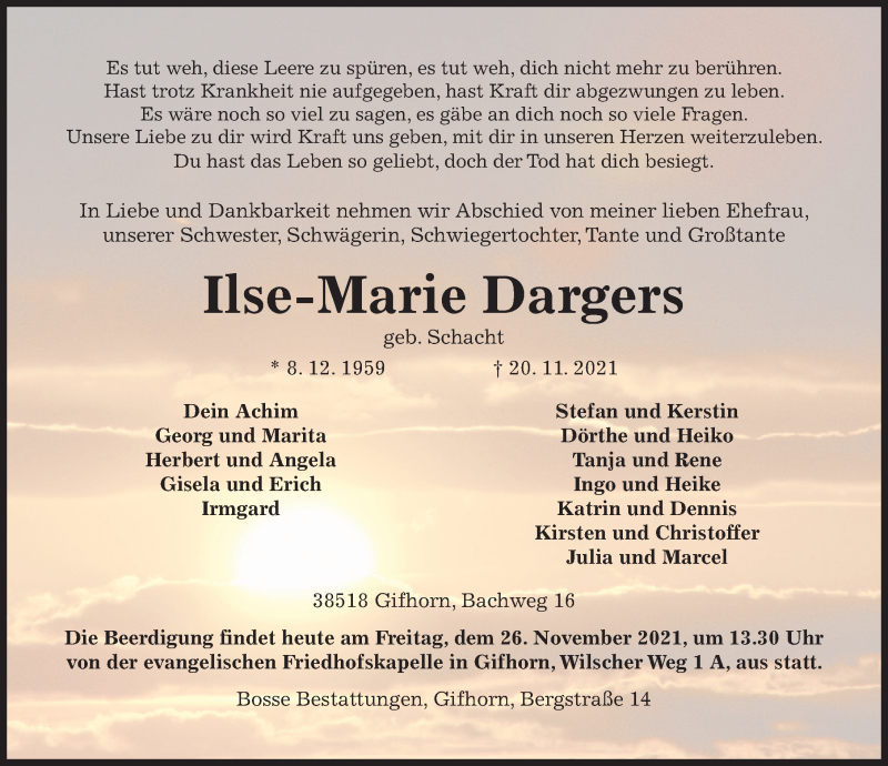  Traueranzeige für Ilse-Marie Dargers vom 26.11.2021 aus Aller Zeitung