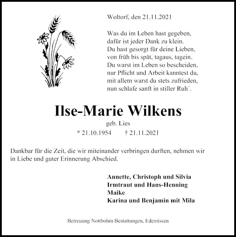  Traueranzeige für Ilse-Marie Wilkens vom 27.11.2021 aus Peiner Allgemeine Zeitung
