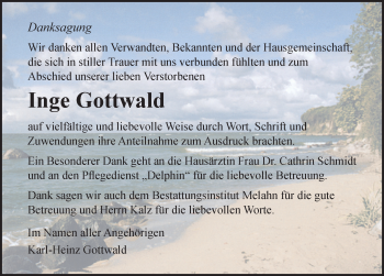 Traueranzeige von Inge Gottwald von Ostsee-Zeitung GmbH