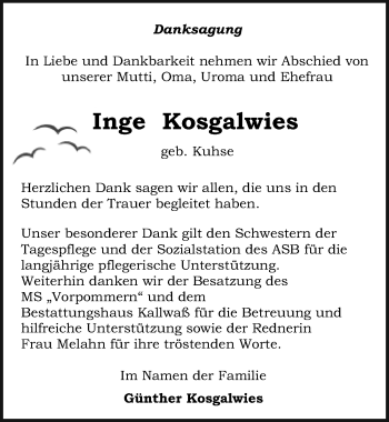 Traueranzeige von Inge Kosgalwies von Ostsee-Zeitung GmbH