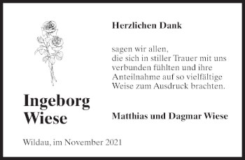 Traueranzeige von Ingeborg Wiese von Märkischen Allgemeine Zeitung