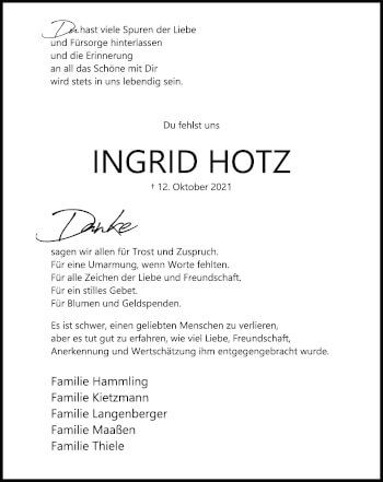 Traueranzeige von Ingrid Hotz von Aller Zeitung