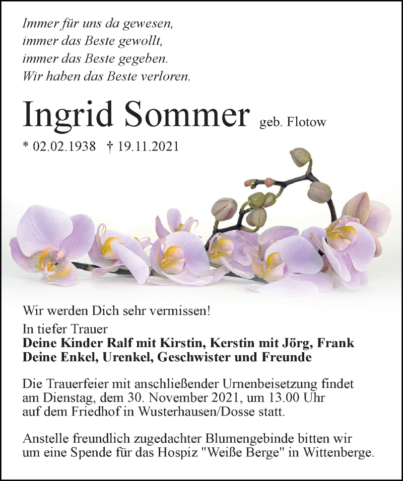  Traueranzeige für Ingrid Sommer vom 26.11.2021 aus Märkischen Allgemeine Zeitung