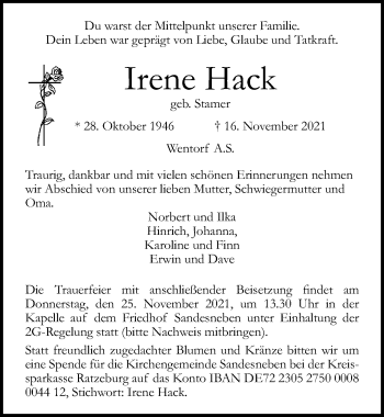 Traueranzeige von Irene Hack von Lübecker Nachrichten