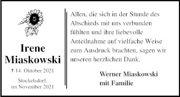 Traueranzeige von Irene Miaskowski von Lübecker Nachrichten